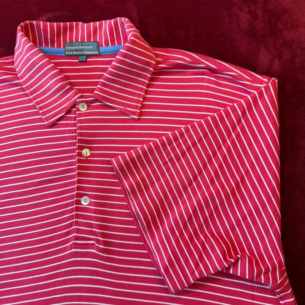 Alan Flusser Golf Mens Large Red White Striped Pearl Washed Cotton Polo Shirt